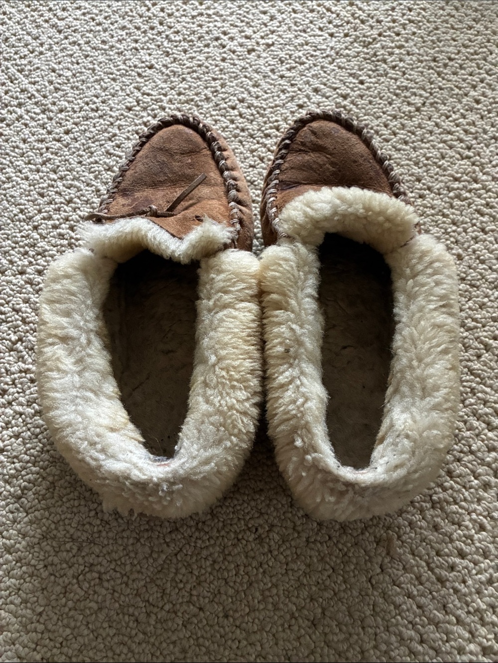 L.L. Bean Cozy Shearling-Lined Moccasin Slippers - Brown & Cream
